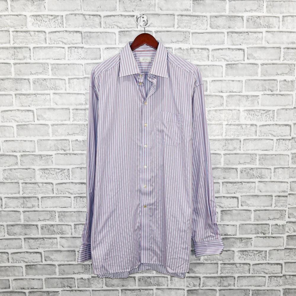 ETON Men's Classic fit Button up Shirt in blue pink striped Cotton size 17 tall